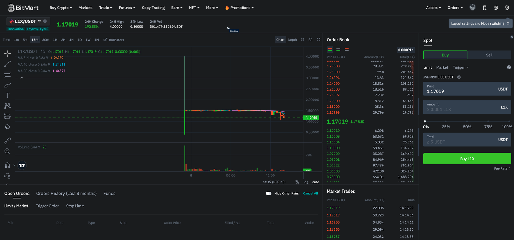 Buying L1X on Bitmart Exchange (Desktop)