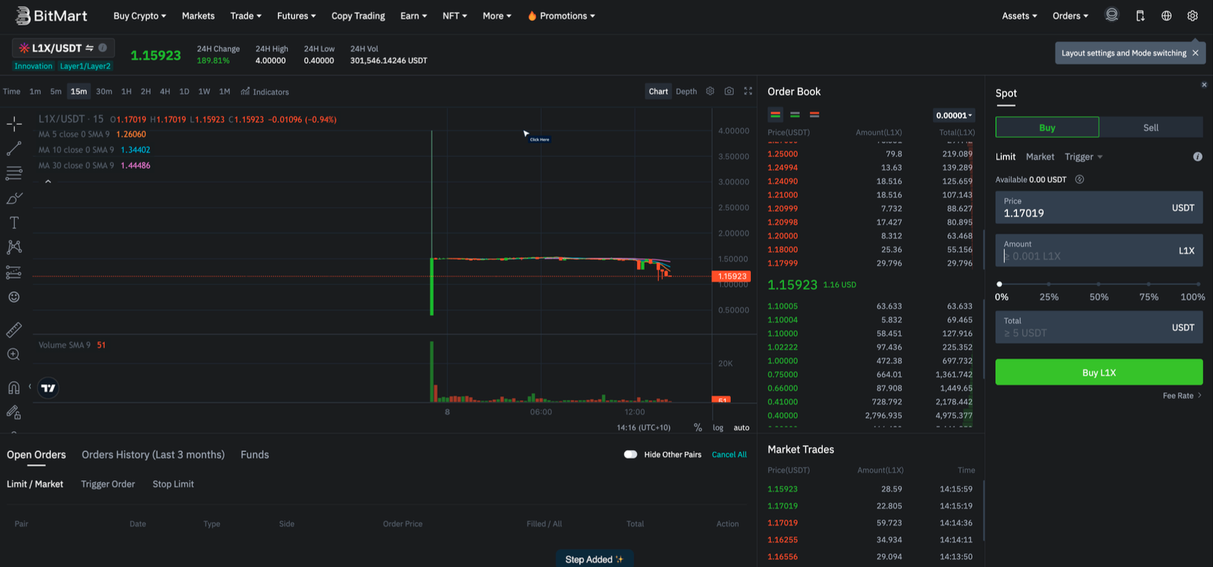 Buying L1X on Bitmart Exchange (Desktop)